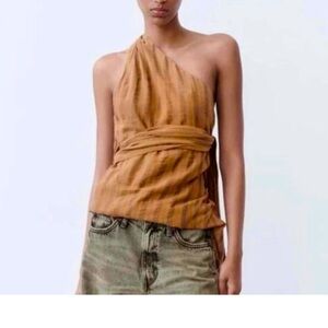 Zara Asymmetrical Beaded One Shoulder Women’s Tan Top Size XS NWT